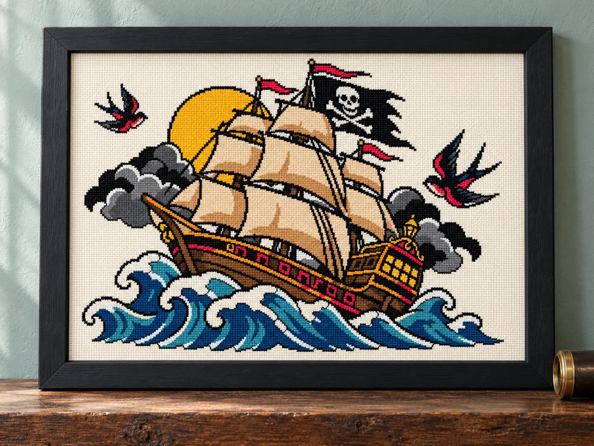 Straight-on view of the finished Pirate Ship Cross Stitch in a black frame on a wooden shelf
