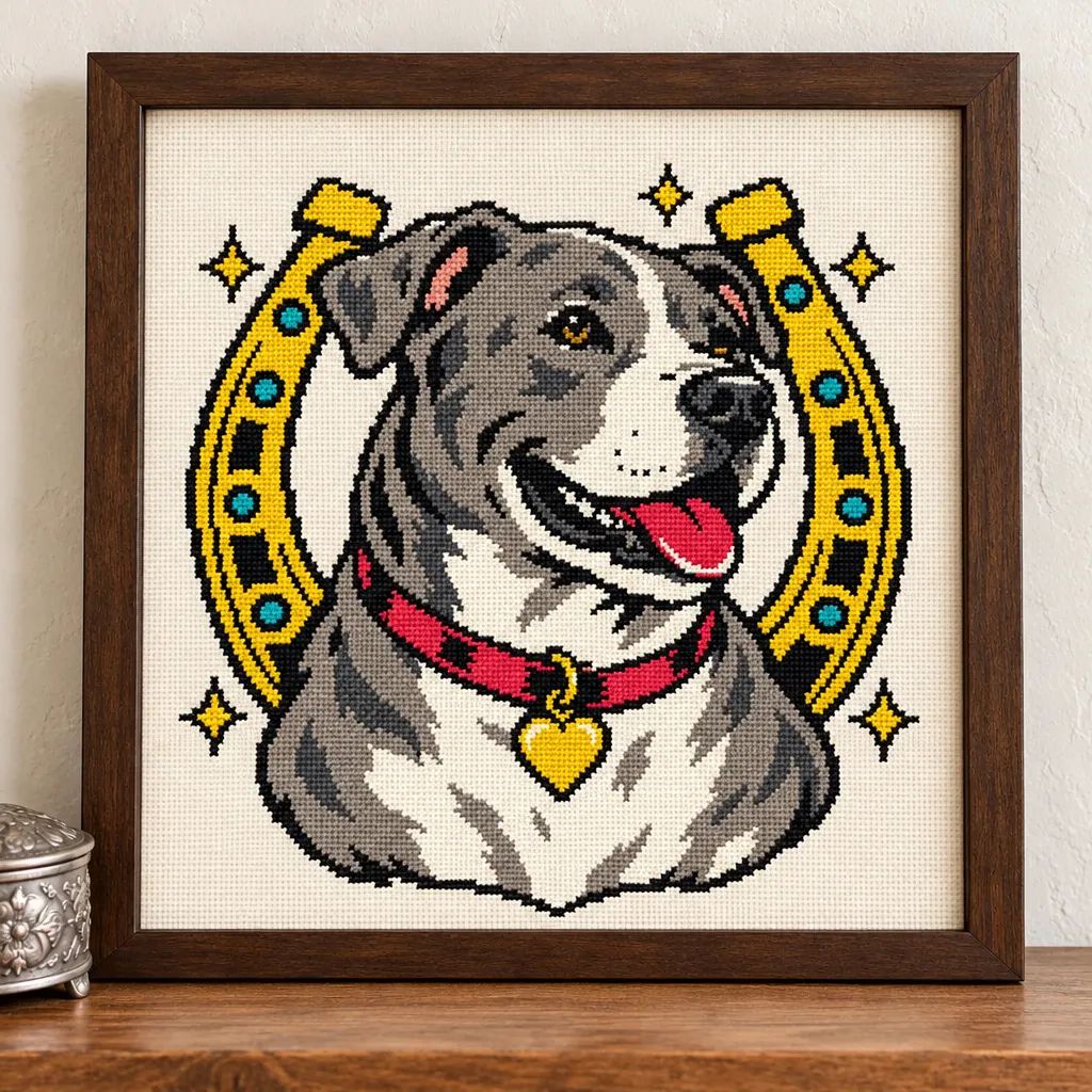 Pit Bull tattoo flash cross stitch with a gold horseshoe and red collar, in a brown frame on a wood shelf