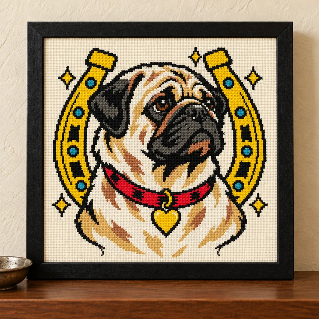 Pug tattoo flash cross stitch with a gold horseshoe and red collar, in a black frame on a wood shelf