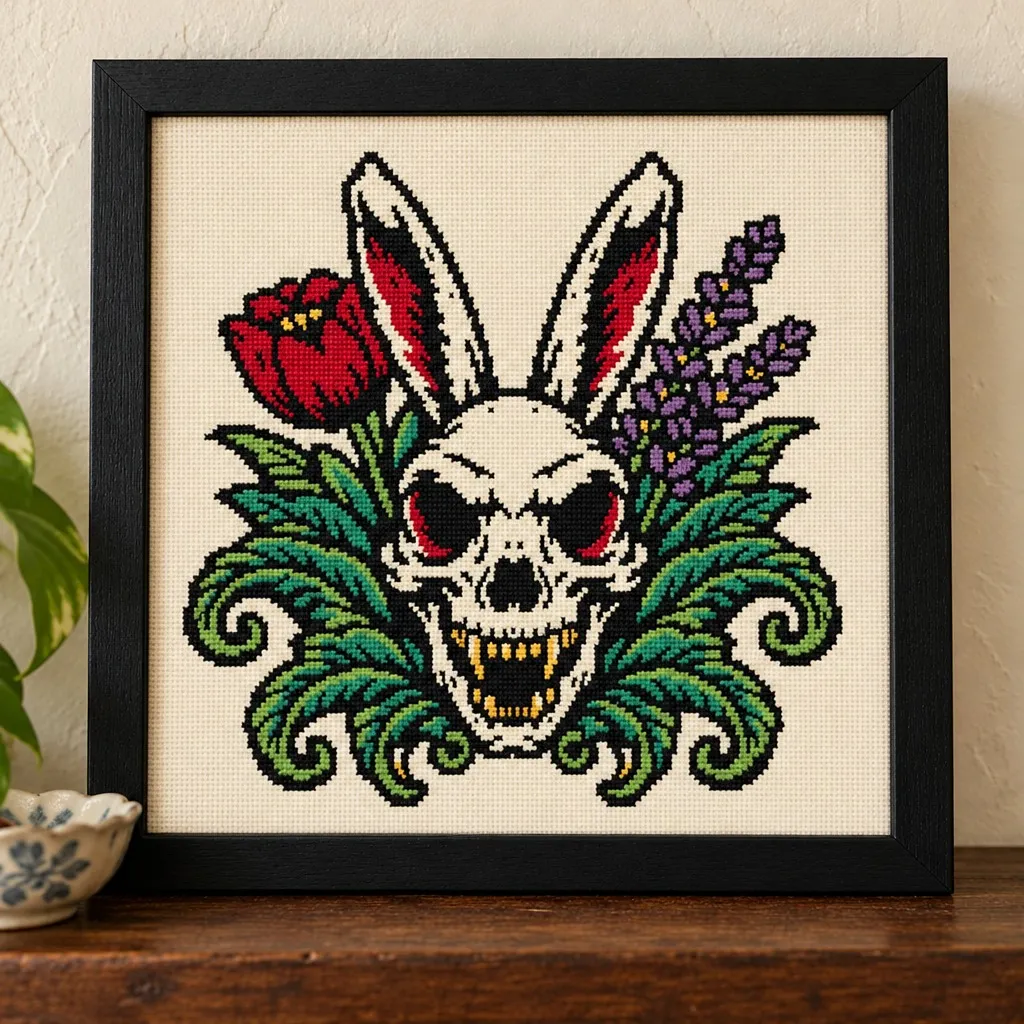 Rabbit skull with a red tulip and lavender tattoo flash cross stitch in a black frame on a wood shelf
