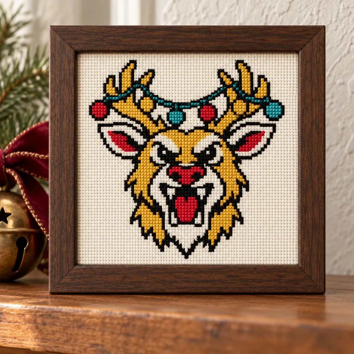 Straight-on view of the finished Reindeer Cross Stitch in a black frame on a wooden shelf