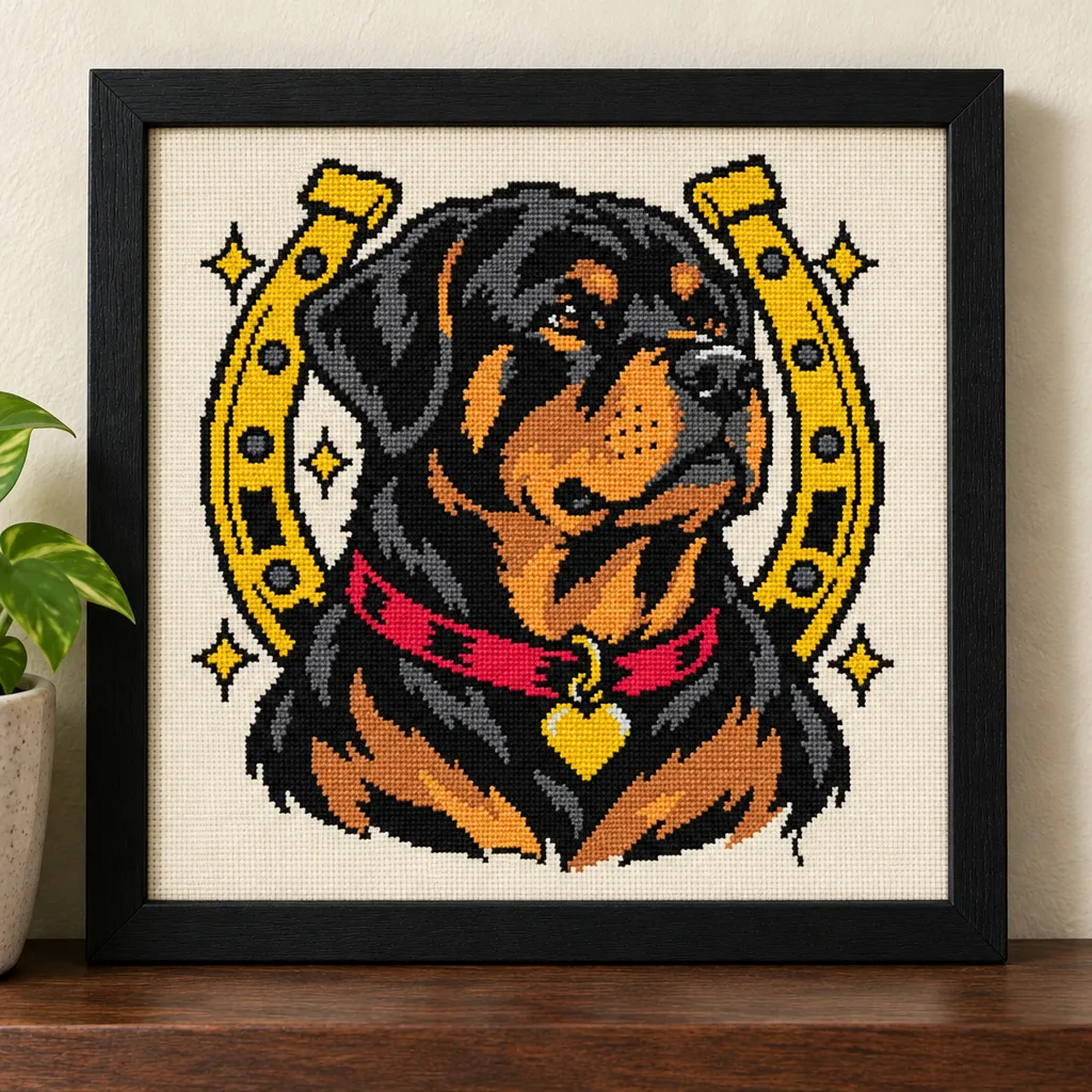 Rottweiler tattoo flash cross stitch with a gold horseshoe and red collar, in a black frame on a wood shelf