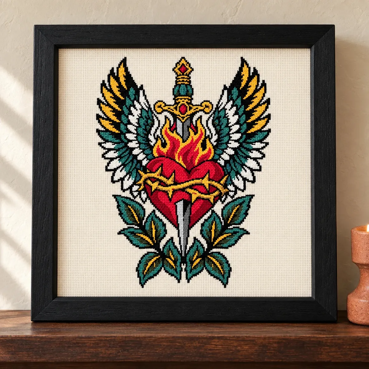 Straight-on view of the finished Sacred Heart Cross Stitch in a black frame on a wooden shelf