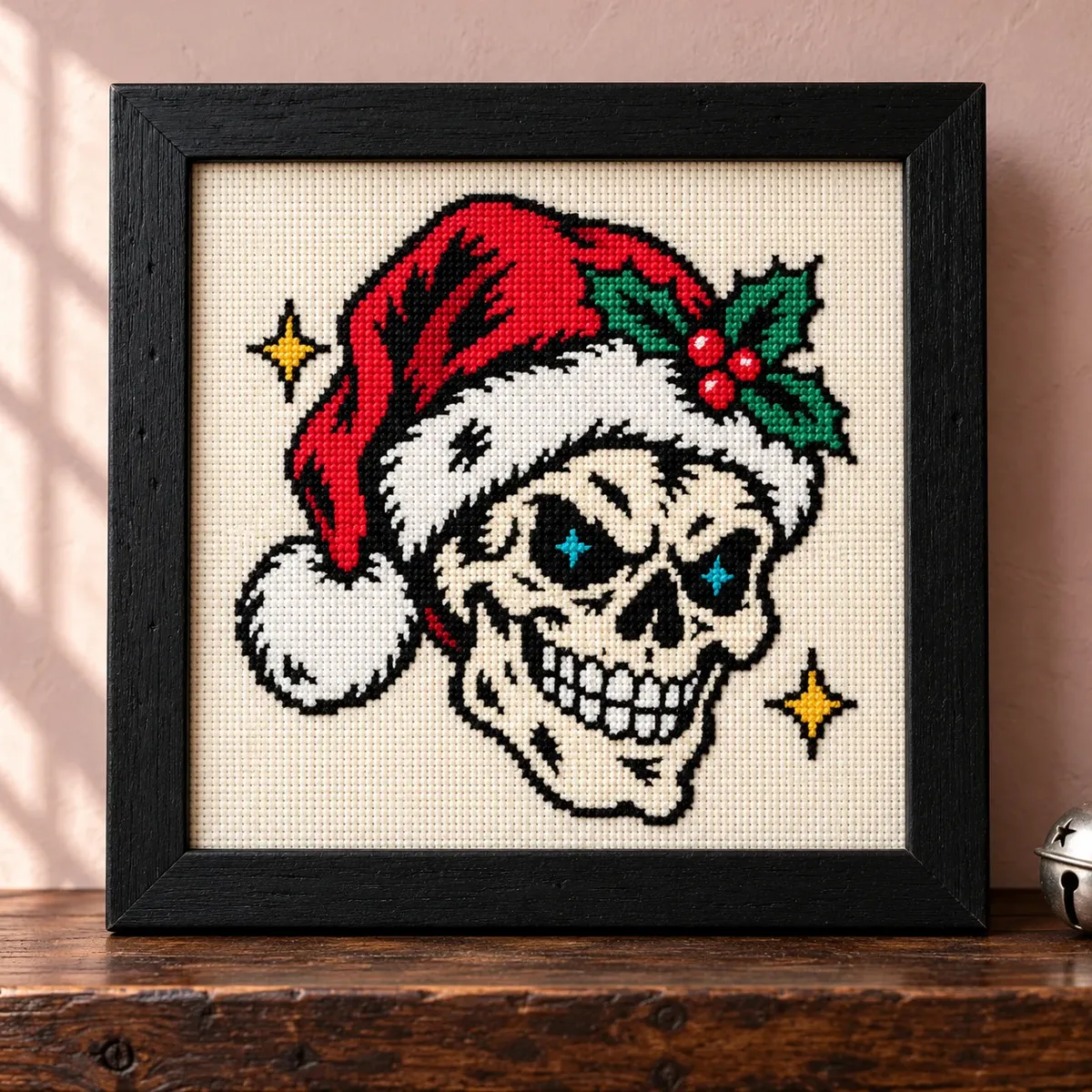 Straight-on view of the finished Skull Santa Hat Cross Stitch in a black frame on a wooden shelf