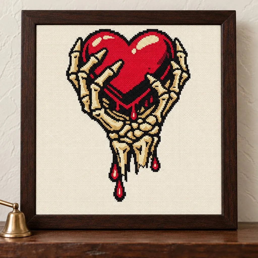 Skeleton hands holding a dripping heart tattoo flash cross stitch in a brown frame on a wood shelf