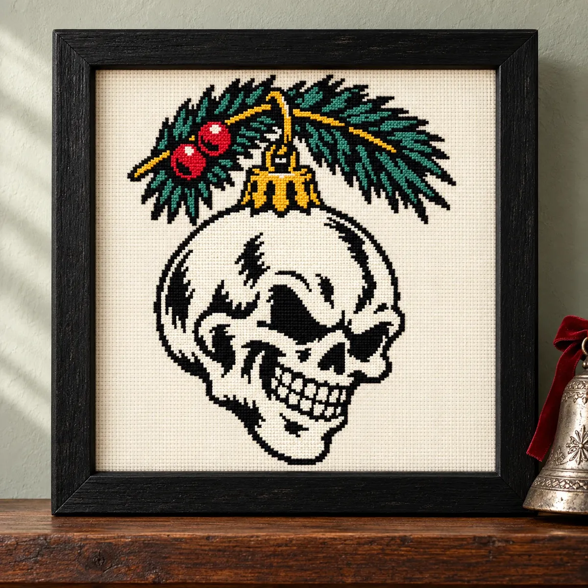 Straight-on view of the finished Skull Ornament Cross Stitch in a black frame on a wooden shelf