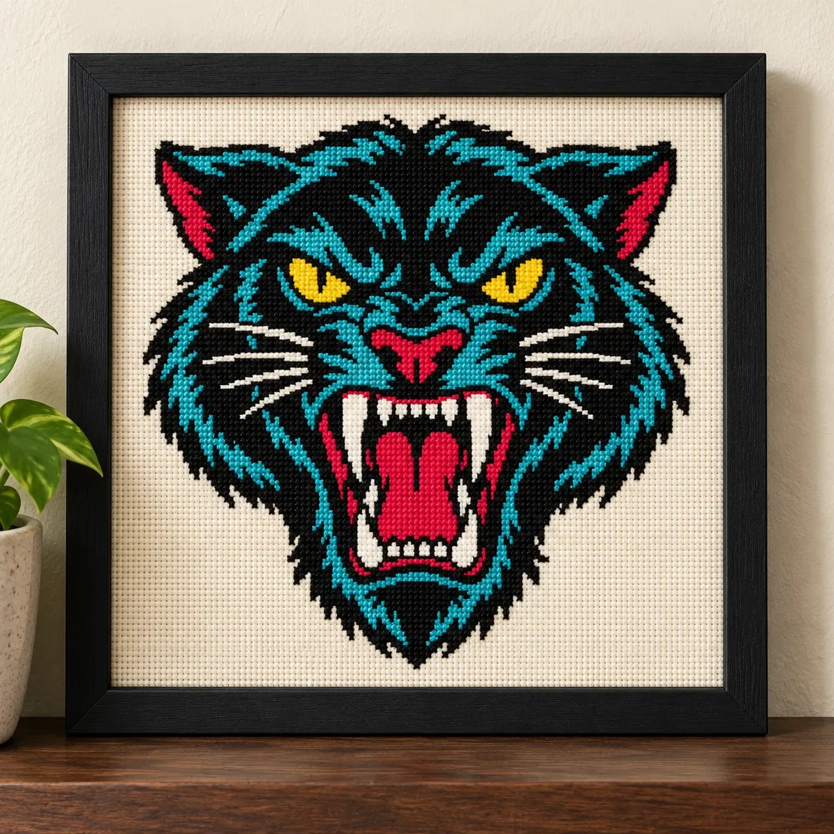 Straight-on view of the finished Black Panther Cross Stitch in a black frame on a wooden shelf