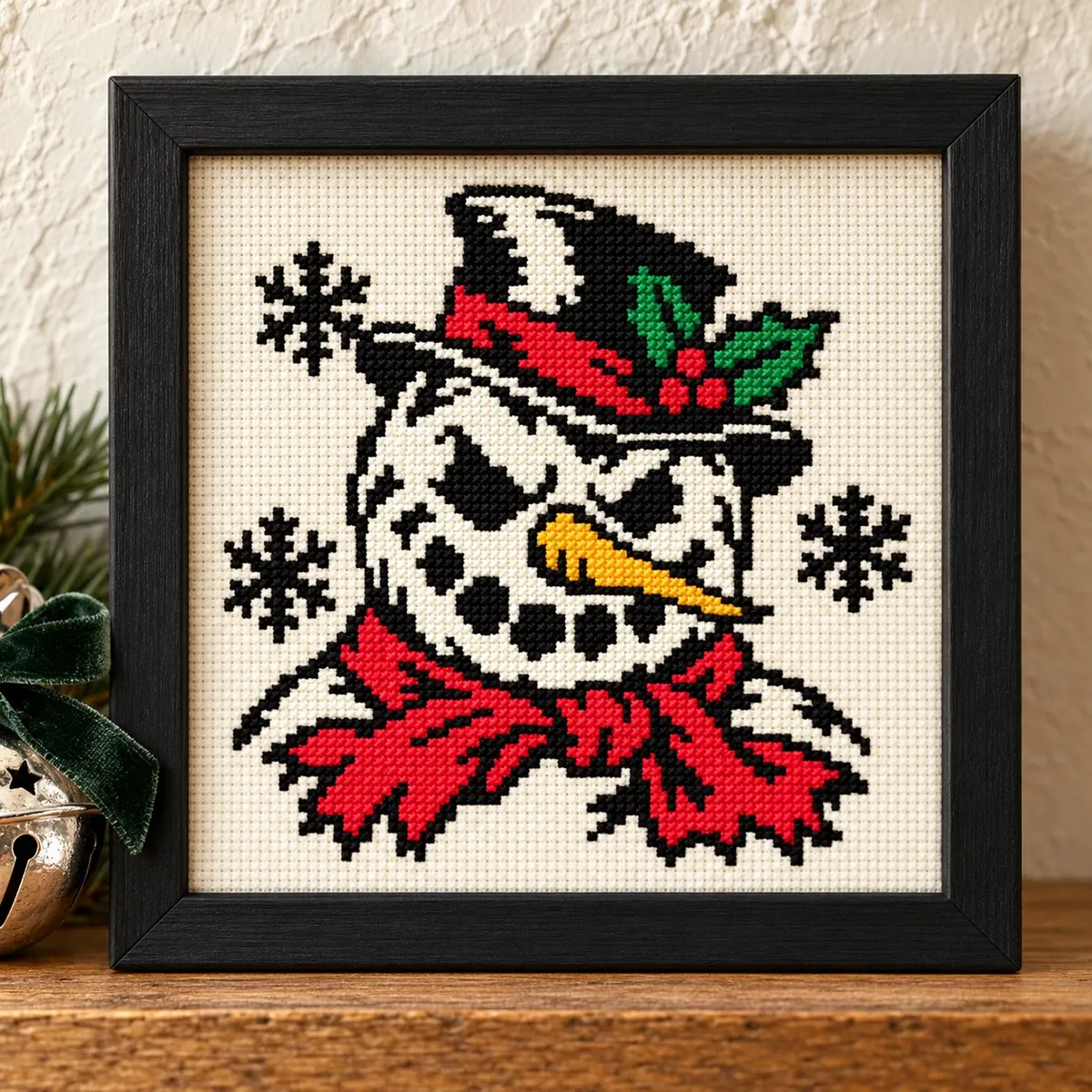 Straight-on view of the finished Evil Snowman Cross Stitch in a black frame on a wooden shelf