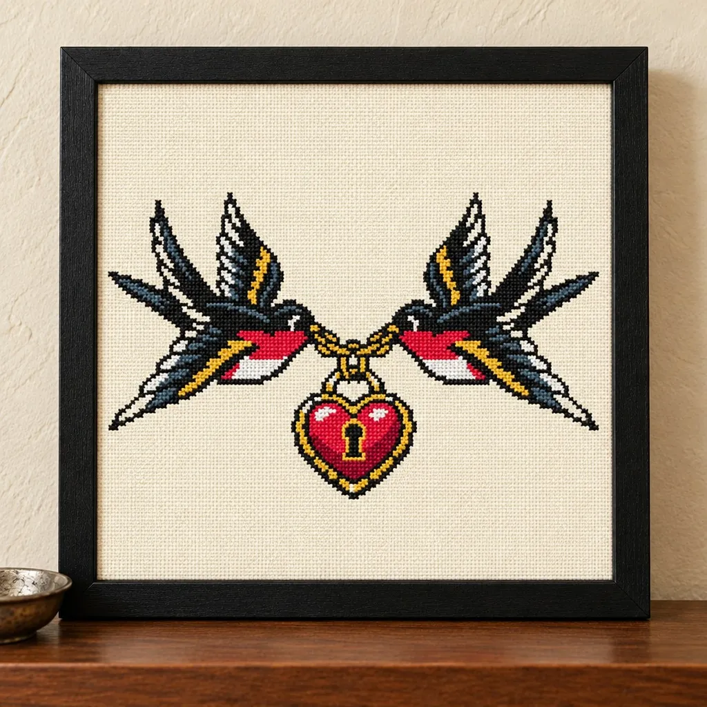 Two swallows carrying a heart locket tattoo flash cross stitch in a black frame on a wood shelf
