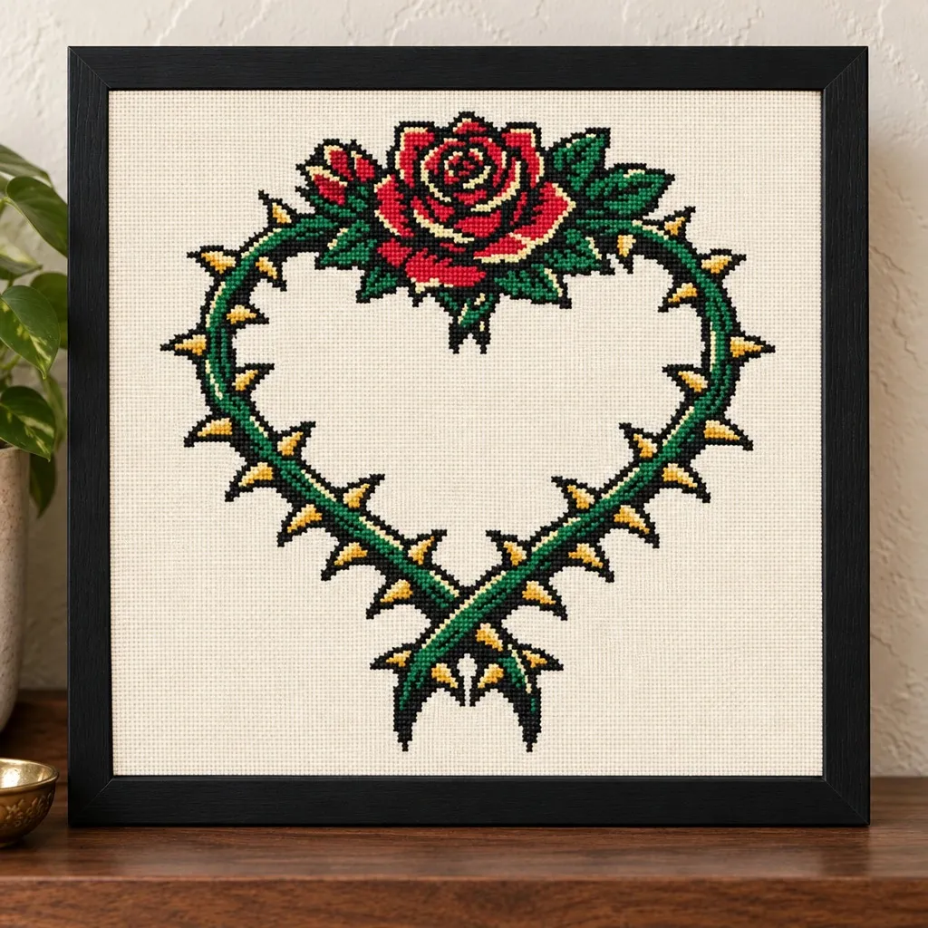 Thorn heart with a red rose tattoo flash cross stitch in a black frame on a wood shelf