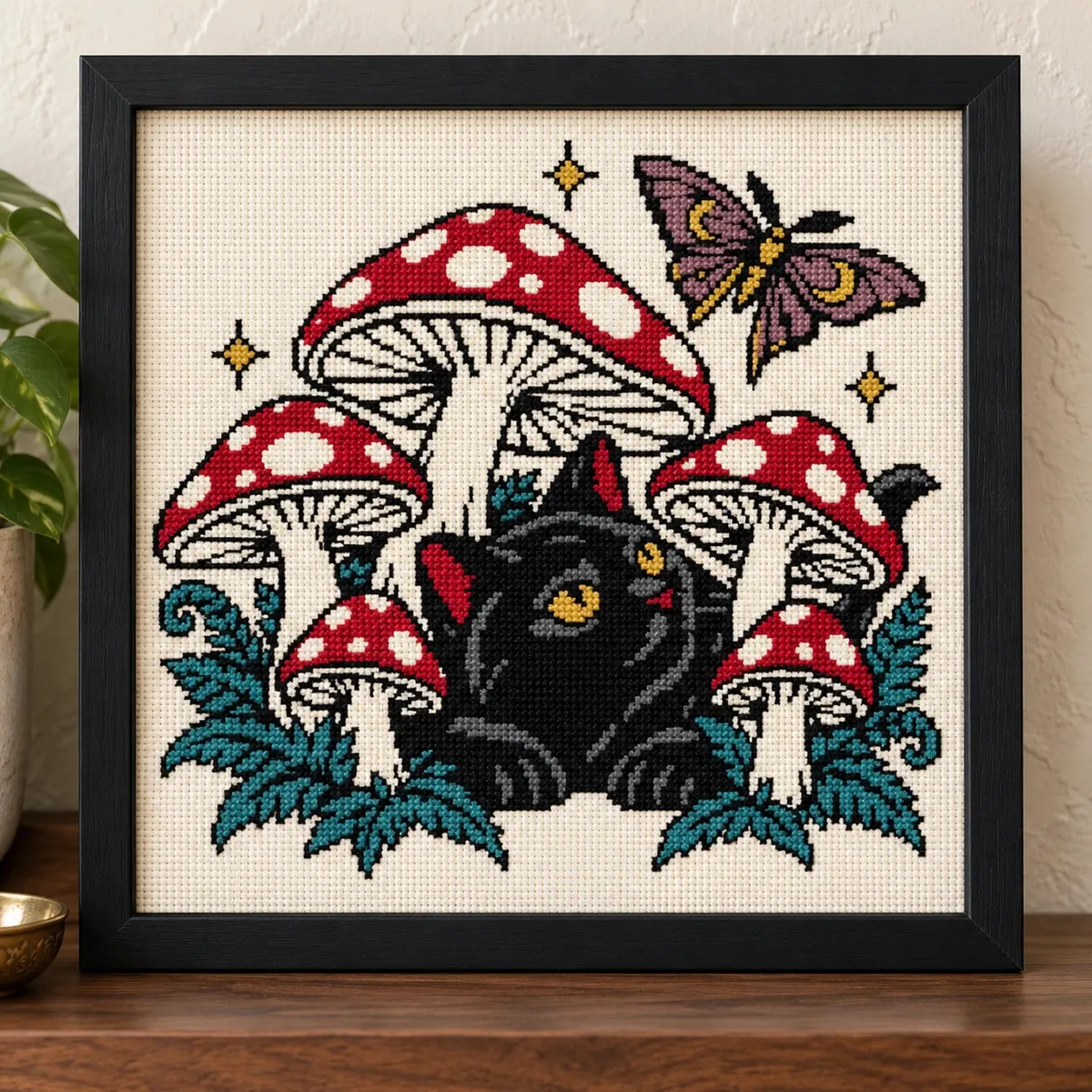Black cat under red spotted toadstools, cross stitch in a black frame on a wood shelf