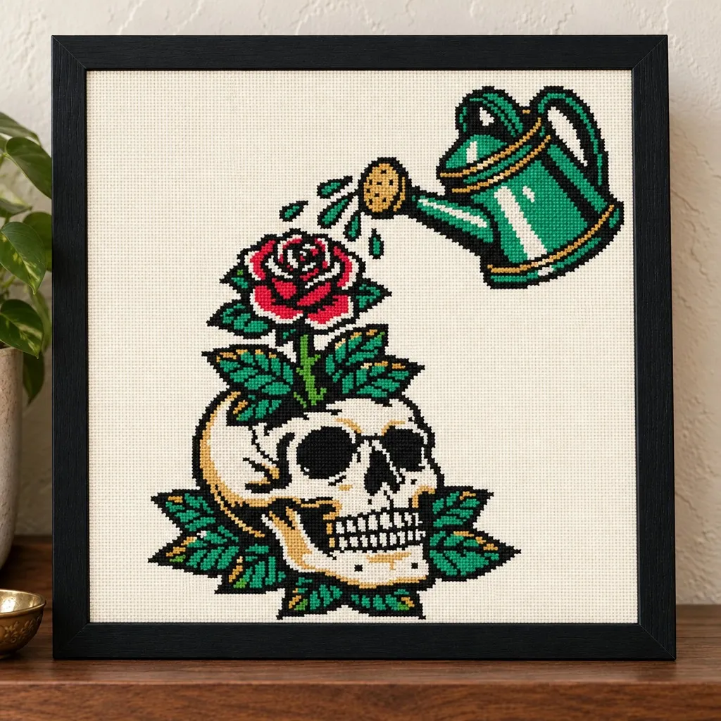 Watering can pouring on a rose growing from a skull tattoo flash cross stitch in a black frame on a wood shelf