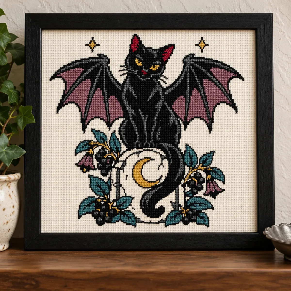 Black cat with bat wings on a gravestone, cross stitch in a black frame on a wood shelf